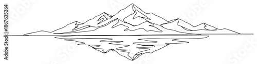 Minimalist continuous line drawing of mountain landscape with lake reflection