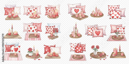 Watercolor collection of romantic Valentine's Day decorations with pillows, candles, and hearts.