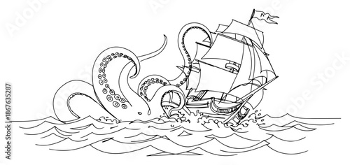 Continuous line drawing of a kraken attacking a sailing ship