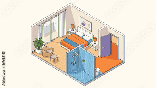 Isometric illustration of a modern bedroom interior with open-plan bathroom