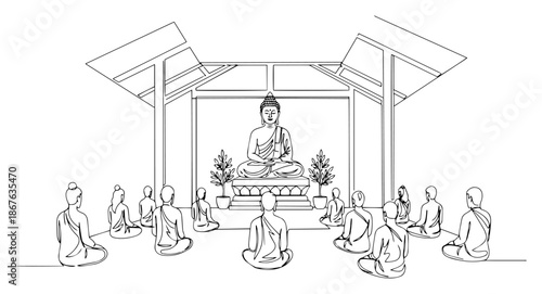 Continuous one line drawing of monks meditating in a temple facing Buddha