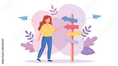 Woman choosing direction at a crossroads signpost, making a decision on her path