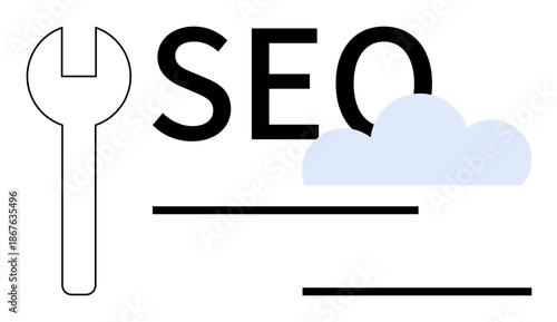 Wrench, cloud, and textual elements represent creative synergy and tools for search engine optimization. Ideal for digital marketing, website improvement, analytics, content strategy, branding
