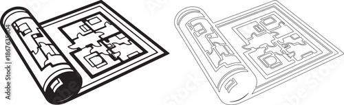 Two jigsaw puzzle scrolls, one black and one white outline on transparent background