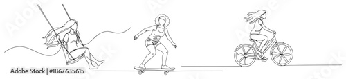 Continuous line drawing of girls playing on swing skateboard and bike
