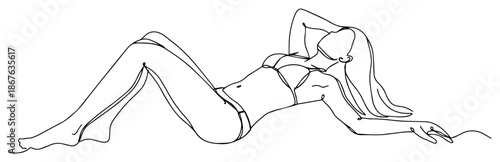 Continuous line drawing of a woman in bikini lying down and relaxing
