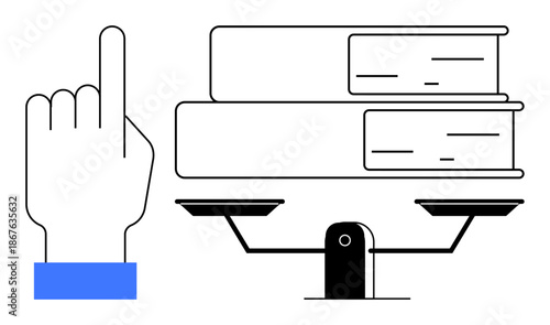 Education, justice, decision-making, knowledge, law, balance. A hand points upward beside books on a balance scale. Education and justice concept emphasizing the importance of equilibrium in