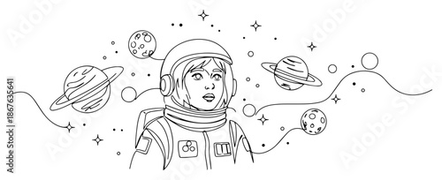 Continuous line drawing of a female astronaut surrounded by planets and stars