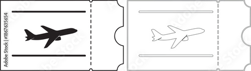 Airplane silhouette and line art on ticket templates for travel design