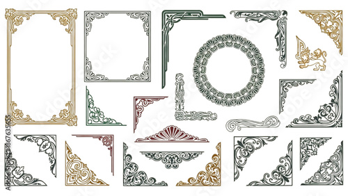 Ornate frames and decorative elements arranged in a collage on a white background