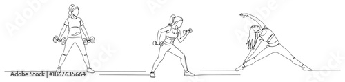 Continuous one line drawing of a woman doing fitness exercises and yoga