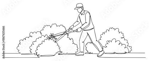 Continuous one line drawing of a gardener trimming bushes with shears