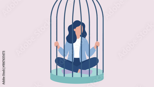 Woman sitting cross-legged inside a cage, symbolizing confinement and restriction
