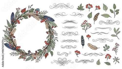 A delicate floral wreath with assorted decorative elements and ornaments on a white background