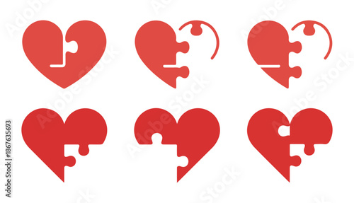 Puzzle Heart Icon Set. Love, Connection and Relationship Symbol Collection. Vector illustration eps 10