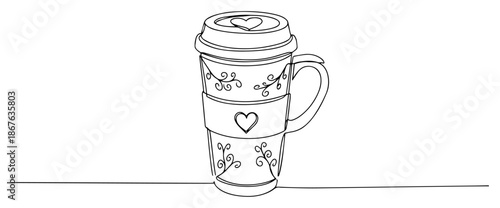 Continuous line drawing of a takeaway coffee cup with heart symbol and lid