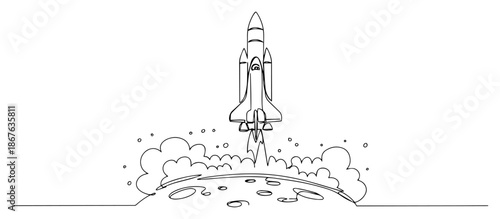 Continuous one line drawing of a space shuttle launching from a planet surface
