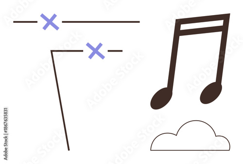 Music, sound design, creativity, abstract art, melody , graphic design. Musical notes beside a cloud outline and abstract crosses with lines. Music and sound design concept