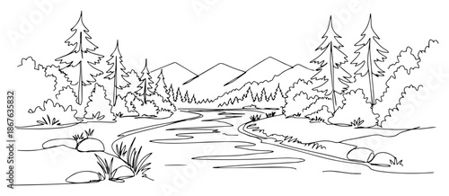 Continuous one line drawing of a mountain landscape with a river and forest