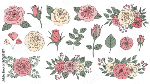 A collection of hand-drawn roses and floral arrangements in various stages of bloom