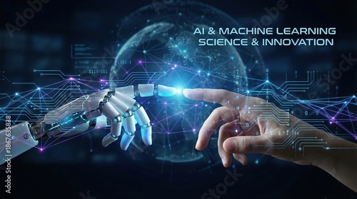 Hand and Robot Touching, Digital Connection, Future Innovation - Technology and Artificial Intelligence Network Concept