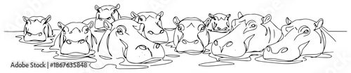 Continuous one line drawing of a herd of hippos swimming in the water