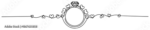 Continuous line drawing of a diamond engagement ring with heart decorations