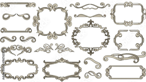 Ornate frames and decorative elements in a vintage illustration style
