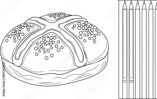 Outline drawing of a delicious kaiser roll bun with poppy seeds and several simple pencils ready for coloring