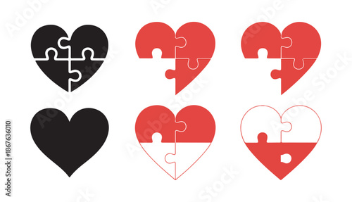 Puzzle Heart Pieces Icon Set. Love, Relationship and Connection Symbols. Vector illustration eps 10