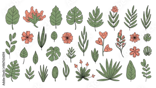 A diverse collection of tropical plants and flowers illustrated in a vibrant display