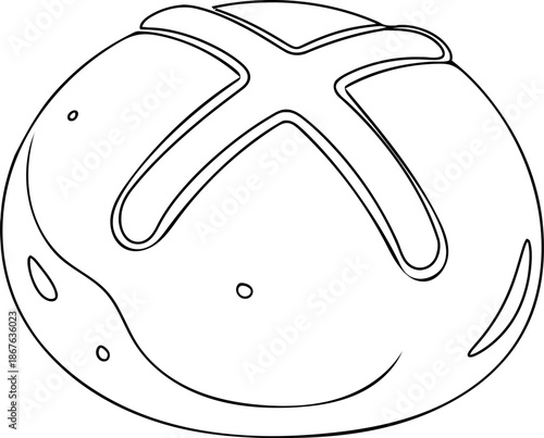 Simple black outline drawing of a freshly baked round loaf of bread with a scored cross perfect for a coloring book project