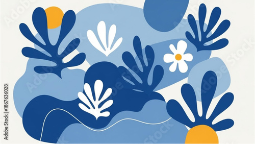 A stylized illustration of blue flowers and abstract shapes against a white background from a direct viewpoint