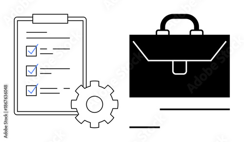 Business strategy, task organization, workflow, corporate tools, productivity tracking, career growth. A checklist, gear and briefcase tasks and planning. Business strategy and task organization
