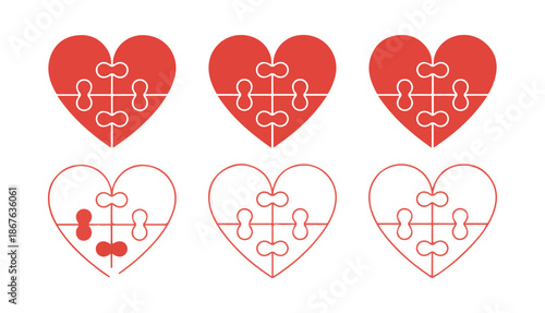 Puzzle Heart Icon Set. Love, Connection and Relationship Symbol Collection. Vector illustration eps 10