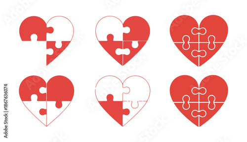 Puzzle Heart Pieces Icon Set. Love, Relationship and Connection Symbols. Vector illustration eps 10