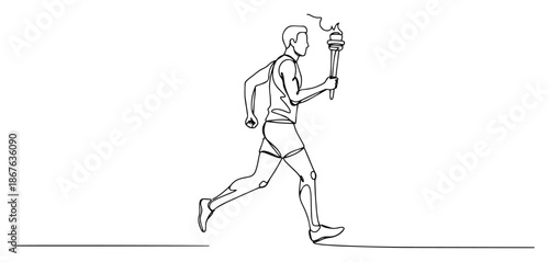 Continuous line drawing of a male runner carrying a burning torch