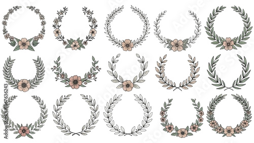 A collection of floral wreaths with leaves and flowers in various arrangements on a white background