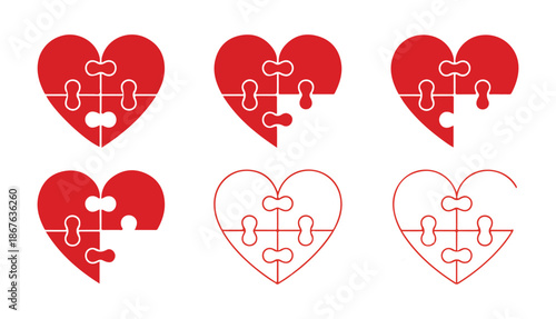 Abstract Red Puzzle Heart vector set. ove and Emotional Bond Concept. Vector illustration eps 10