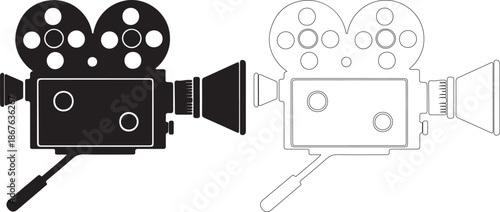 Film camera icon set with black and white silhouette illustrations