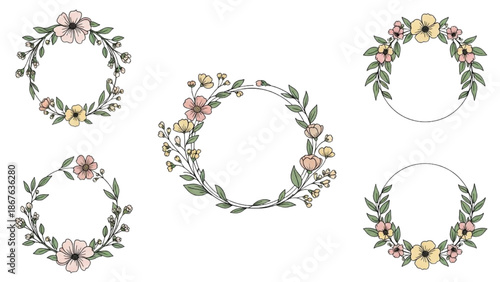 Collection of floral wreaths with leaves and flowers arranged in circular frames on a white background