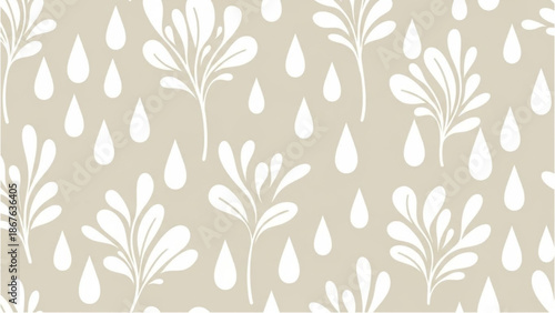 A serene botanical pattern featuring stylized plants and raindrops on a beige background from a direct viewpoint