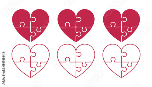 Puzzle Heart Icon Set. Love, Connection and Relationship Symbol Collection. Vector illustration eps 10