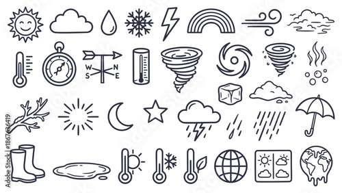 Various weather symbols and icons representing different meteorological phenomena and conditions
