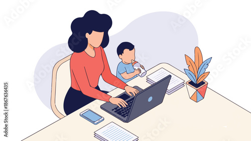 Working Mother Home Office Vector Illustration