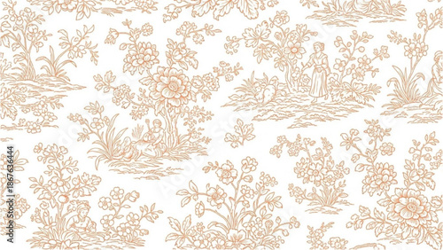 A serene illustration of floral patterns and foliage in a soft peach tone on a white background