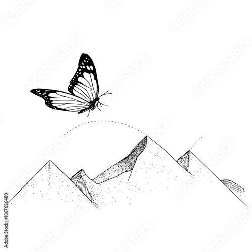 Butterfly flying above mountain peaks with dotted line in a black and white minimalist illustration