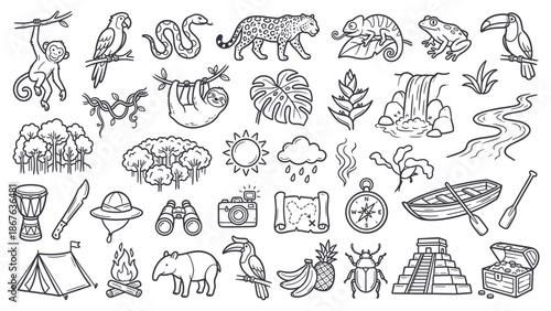 Various illustrations of jungle animals and travel elements in a collection of icons