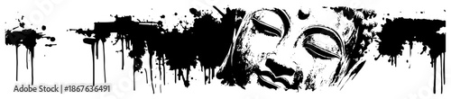 Artistic grunge illustration of buddha face with ink splatters