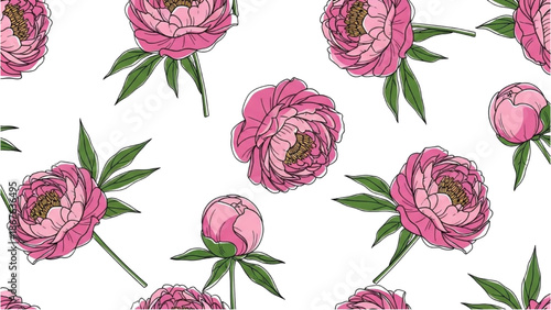 A serene pattern of pink peonies and leaves on a white background, viewed from directly above, showcasing a delicate floral arrangement.